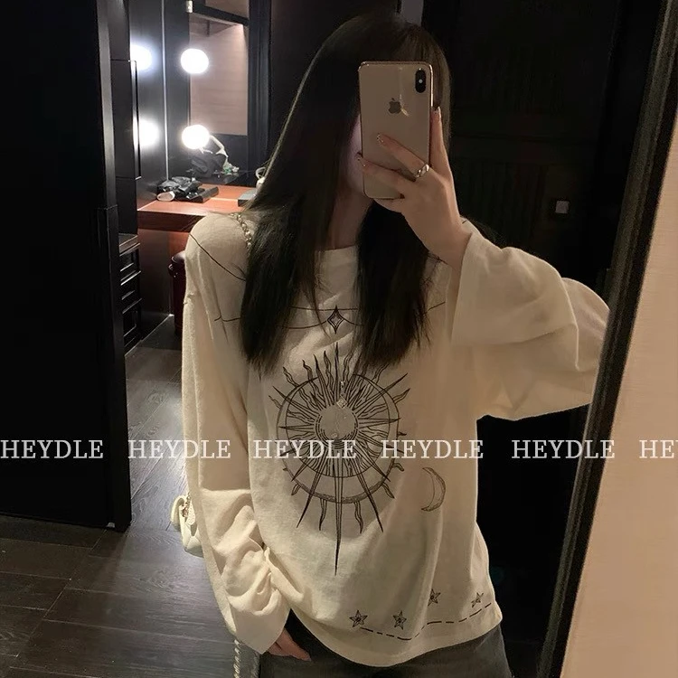 【午后遐想】慵懒宽松印花长袖t恤薄款防晒罩衫初秋上衣女
