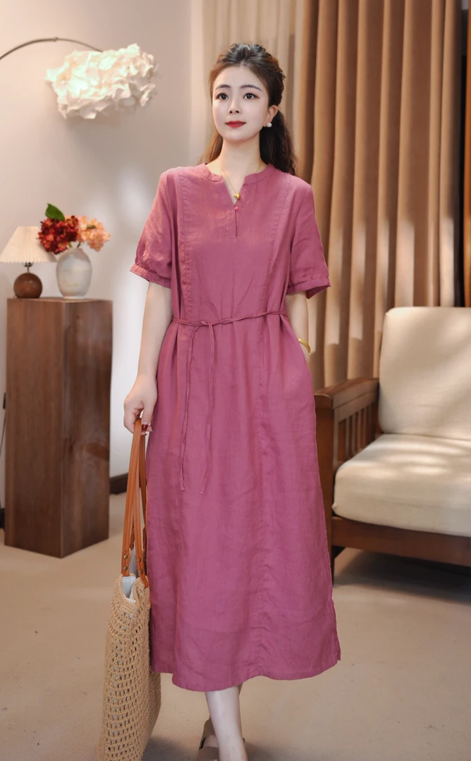 夏季新款一粒扣纯亚麻裙子V领吸汗套头纯色宽松中长连衣裙C-25876