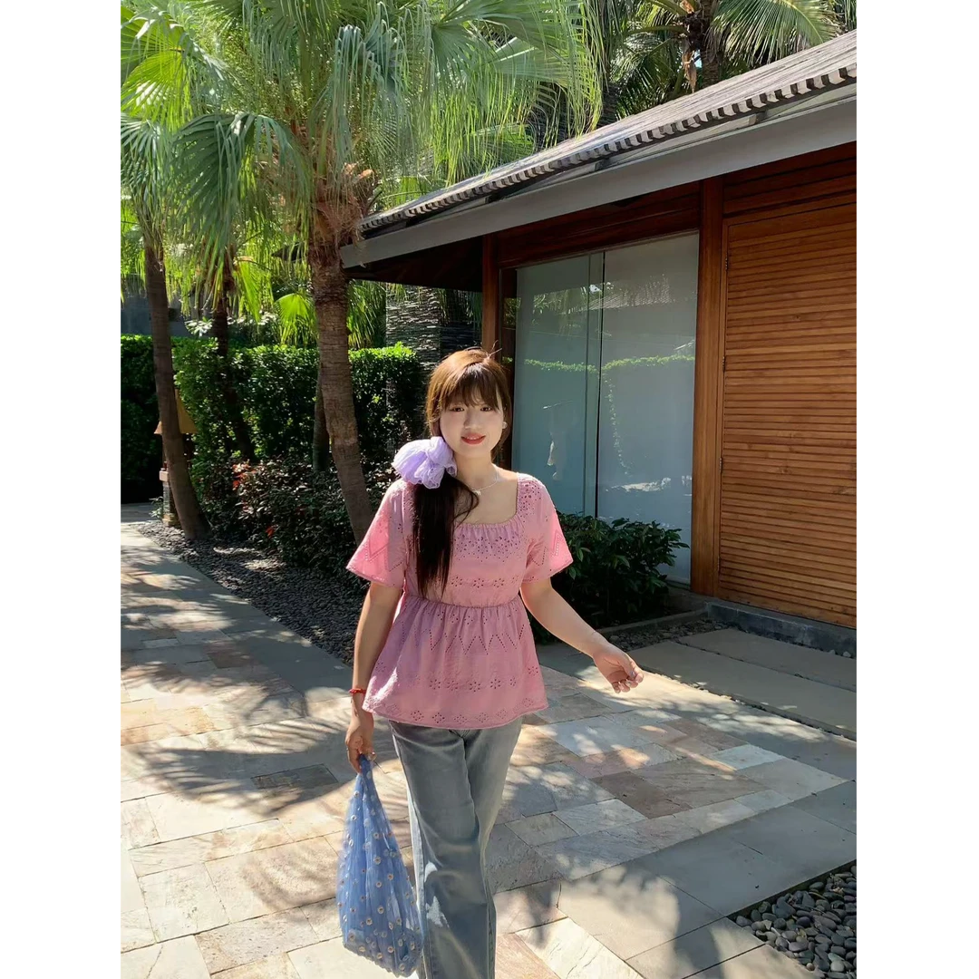 【现货】米米子“粉心芭乐”粉色烧花方领收腰娃娃上衣时尚显瘦新款T