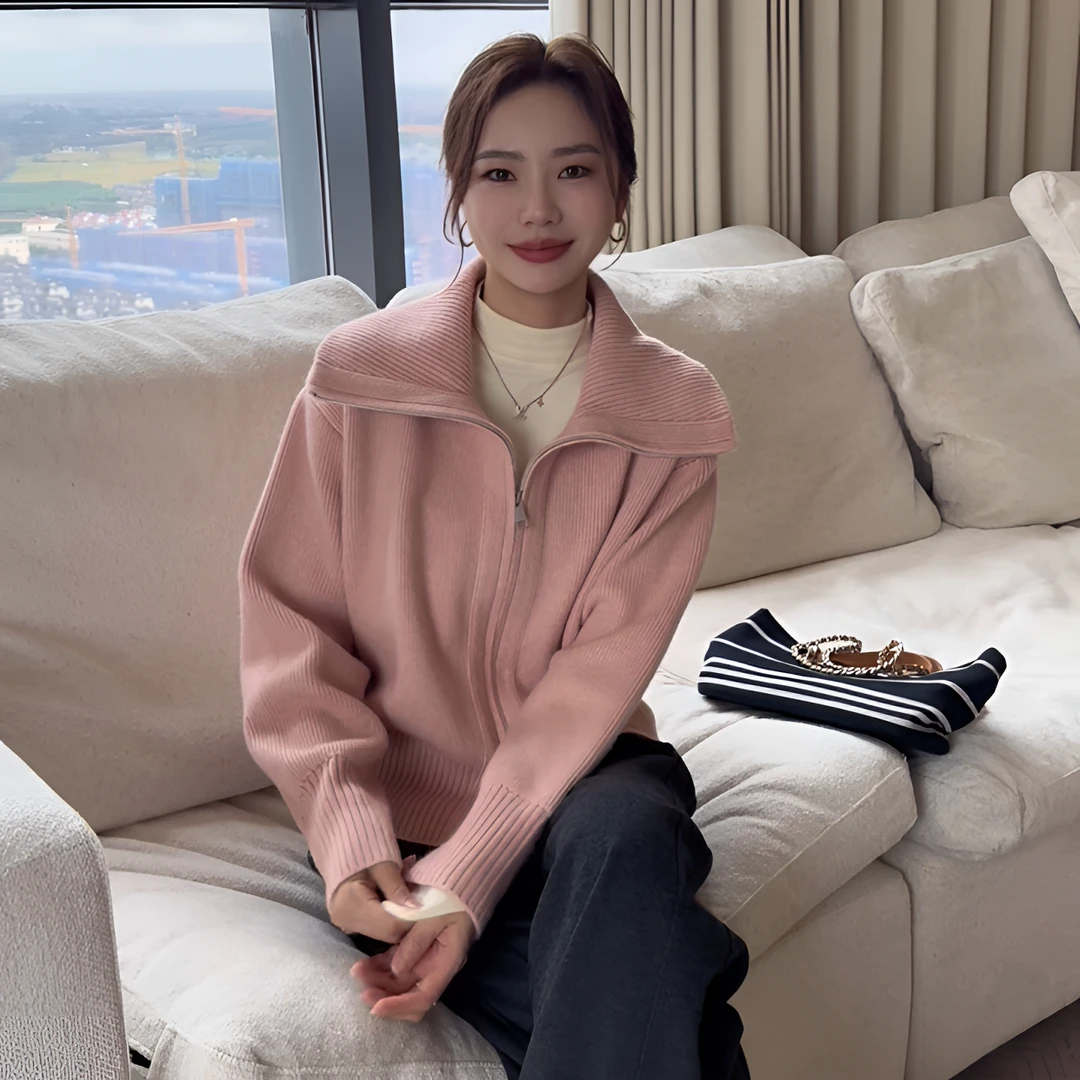 【余欢欢】秋冬休闲百搭时尚拉链大翻领针织开衫-YHW50949