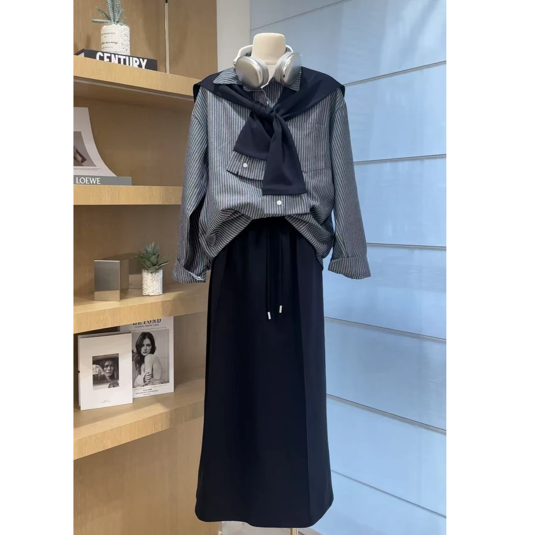 【复古格雷】洋气条纹衬衫带披肩套装-66897