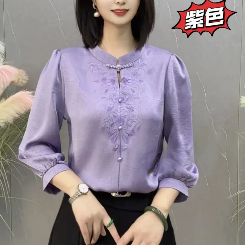2025春季新款盘扣刺绣纯色上衣七分袖显瘦宽松洋气时尚百搭衬衫女