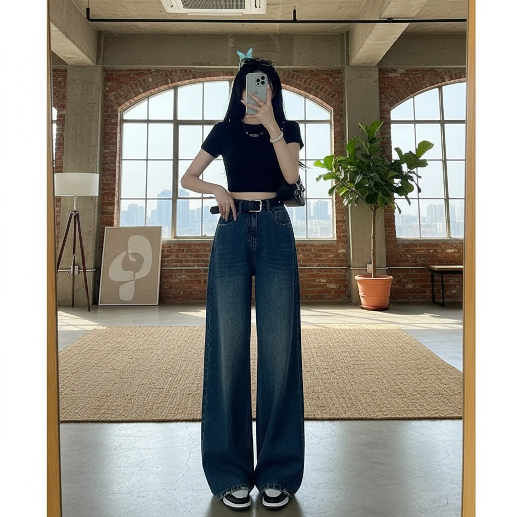 大牌刺绣磨边工艺美式复古直筒牛仔牛仔裤女秋季宽松阔腿百搭裤子