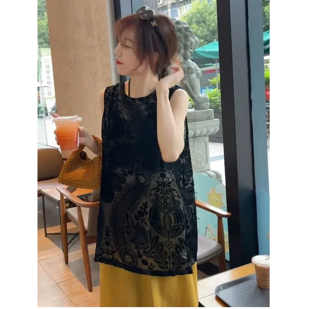 2025夏季新款植绒网纱女装设计感小众无袖宽松背心显瘦百搭马甲