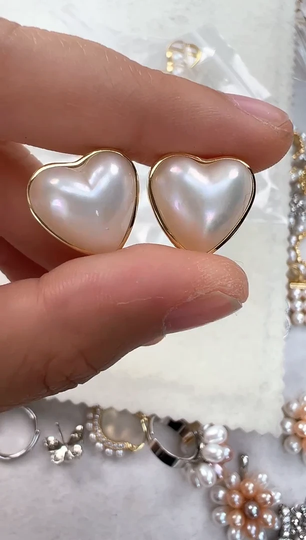 【闪购商品】拼合珍珠（马贝珠）耳饰银S925镶嵌光板心形