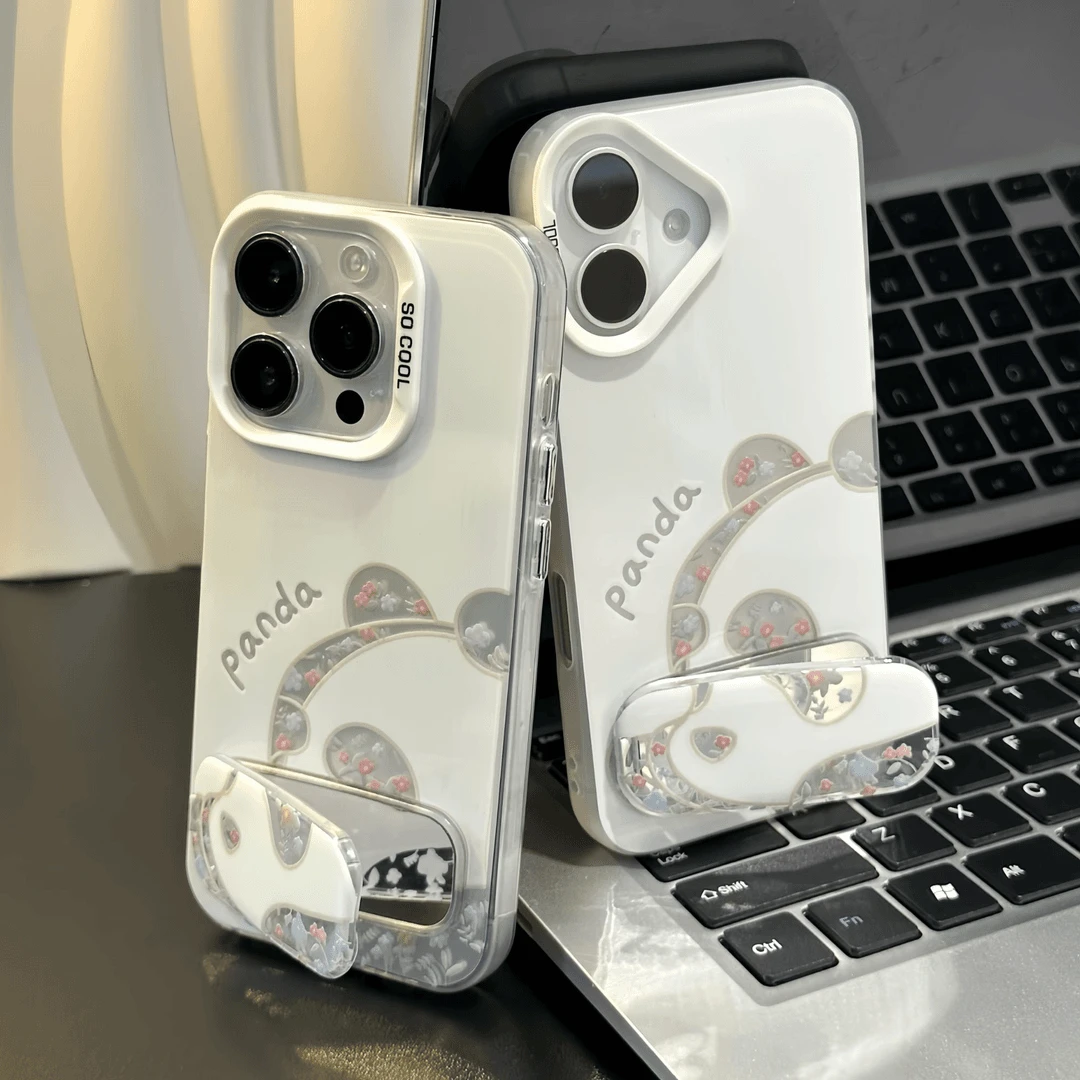 碎花熊猫镜子支架适用于苹果iqoo华为oppo小米vivo一加手机防摔壳