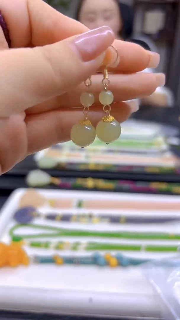 和田玉14K金镶嵌耳饰DIY款E774