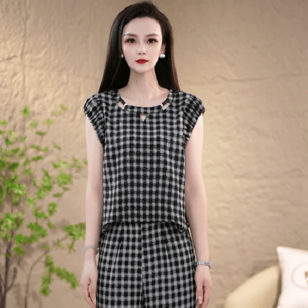 夏季时尚休闲套装女2025新款百搭减龄格子无袖优雅显瘦洋气两件套