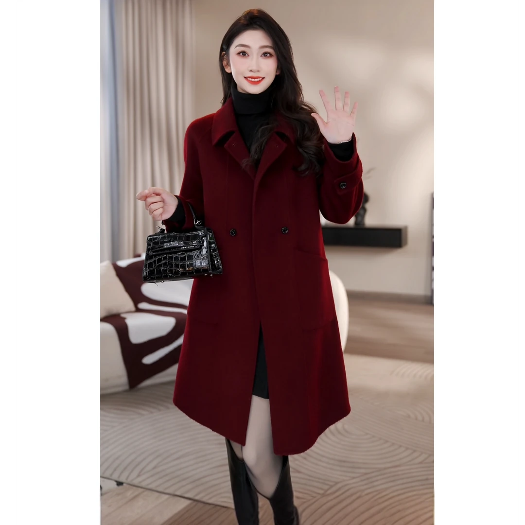 【曼贝】高端定制款绵羊毛大衣女设计感双面呢外套8484039【喵喵】