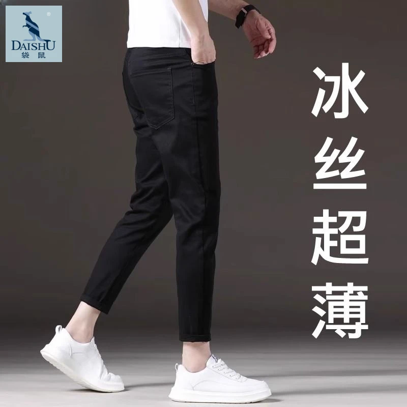 Dai Shu/袋鼠春季薄款九分黑色冰丝牛仔裤男修身小脚男裤子弹力裤