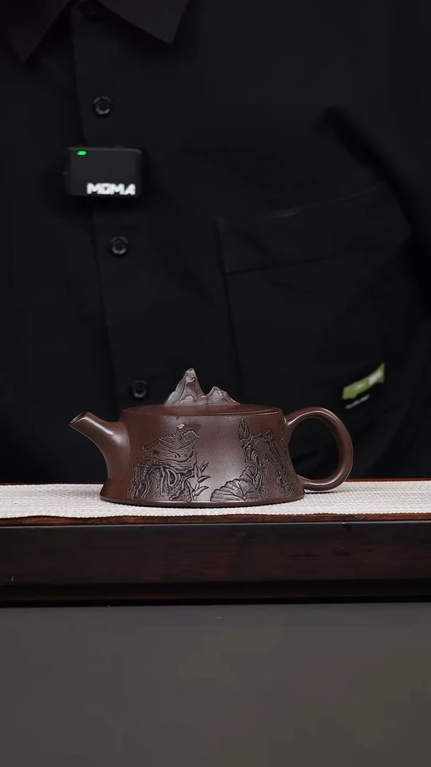 茶壶紫砂紫泥刻绘观山