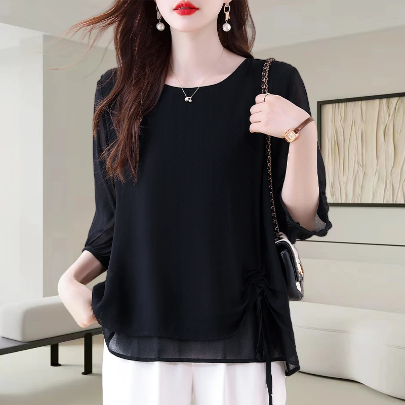 假两件黑色圆领中袖衬衫女2025夏季新款大码宽松时尚休闲百搭上衣