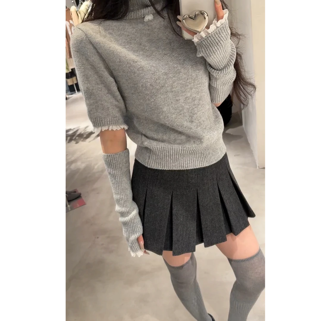 2025秋冬新款韩系辣妹蕾丝拼接袖套高领短袖毛衣高腰百褶裙两件套