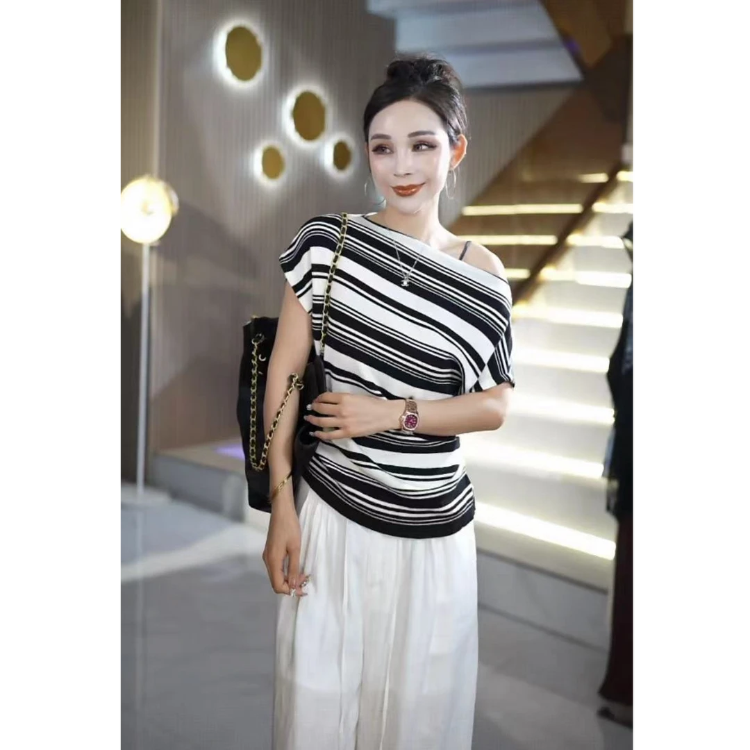 条纹一字领透气修身型短袖T恤针织拼接女士山系美式6W+0900y