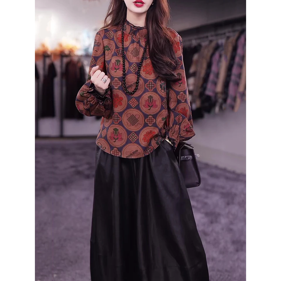 轻奢时尚套装女2025秋季新款高档民族风文艺长袖衬衣+黑色半身裙