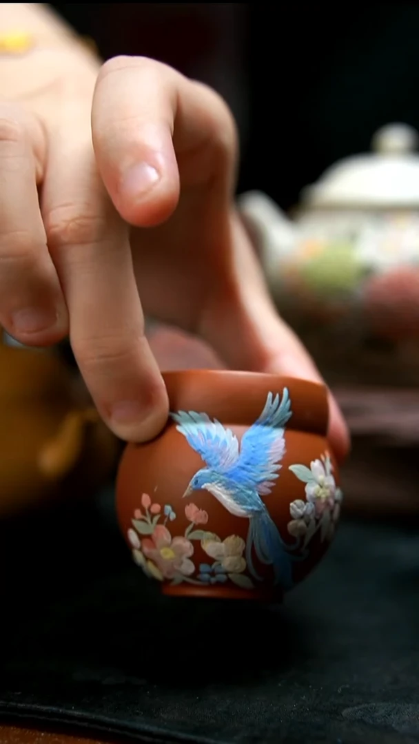 茶壶紫砂朱泥翠鸟杯