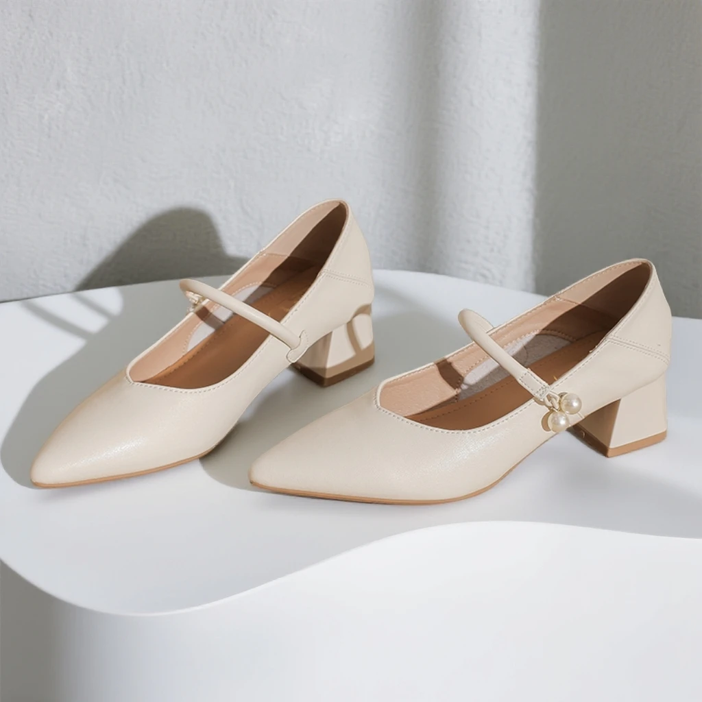 巨软~法式尖头珍珠秀气春秋玛丽珍温柔粗跟低跟通勤软底复古高跟