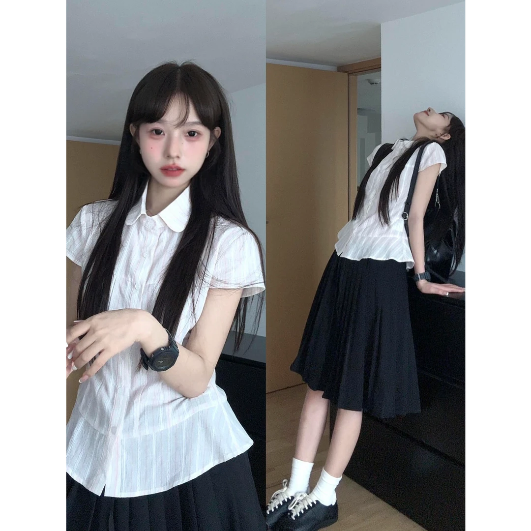 学院风通勤白色条纹翻领短袖衬衫夏季气质修身显瘦A字半身裙套装