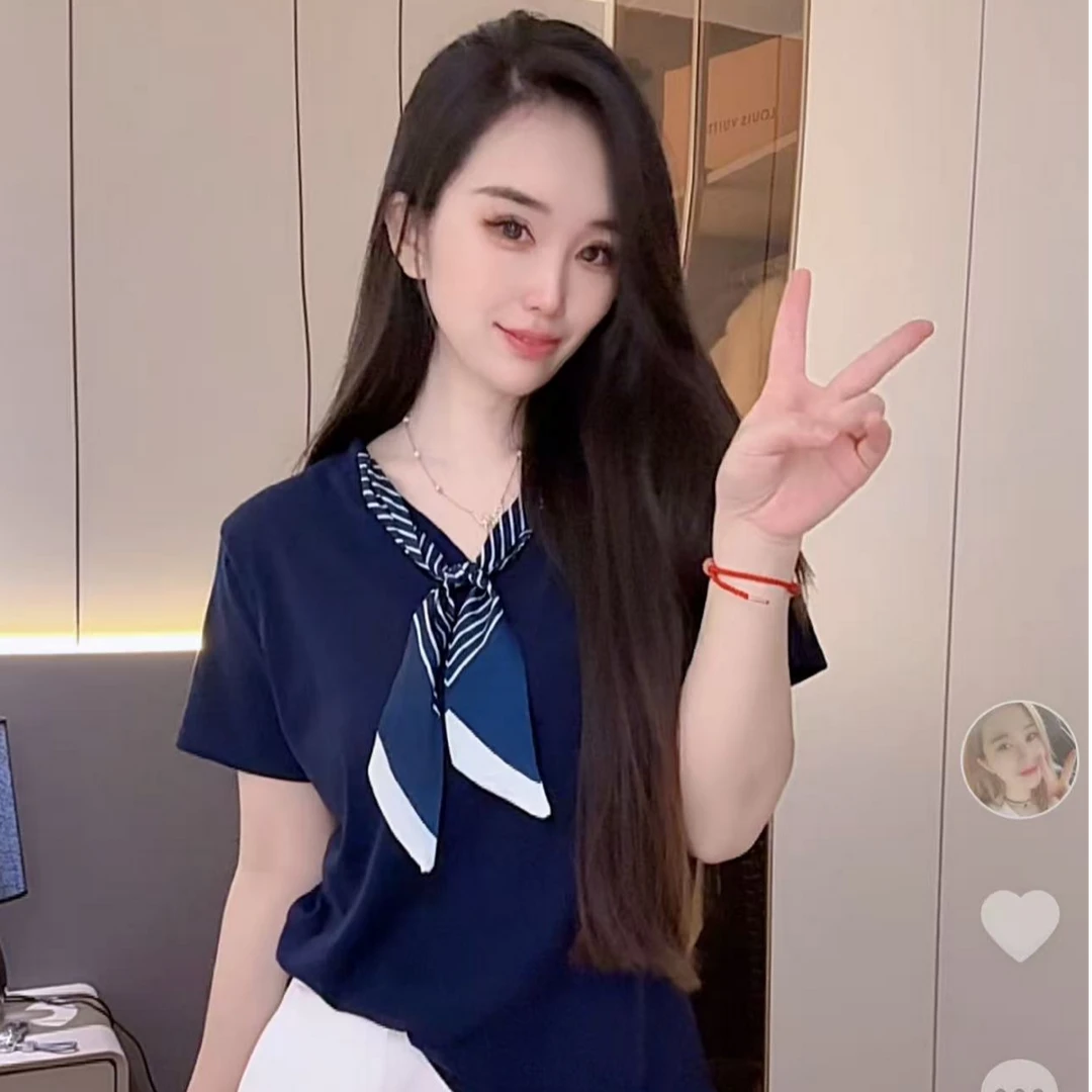 【遇见衣品】高级感领带丝巾短袖T恤女夏季设计感气质显瘦休闲上衣