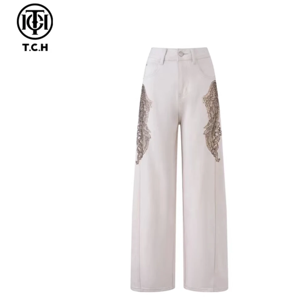 石景山-tch长裤烫钻印花浅蓝复古直筒阔腿裤牛仔裤T75A20E5055