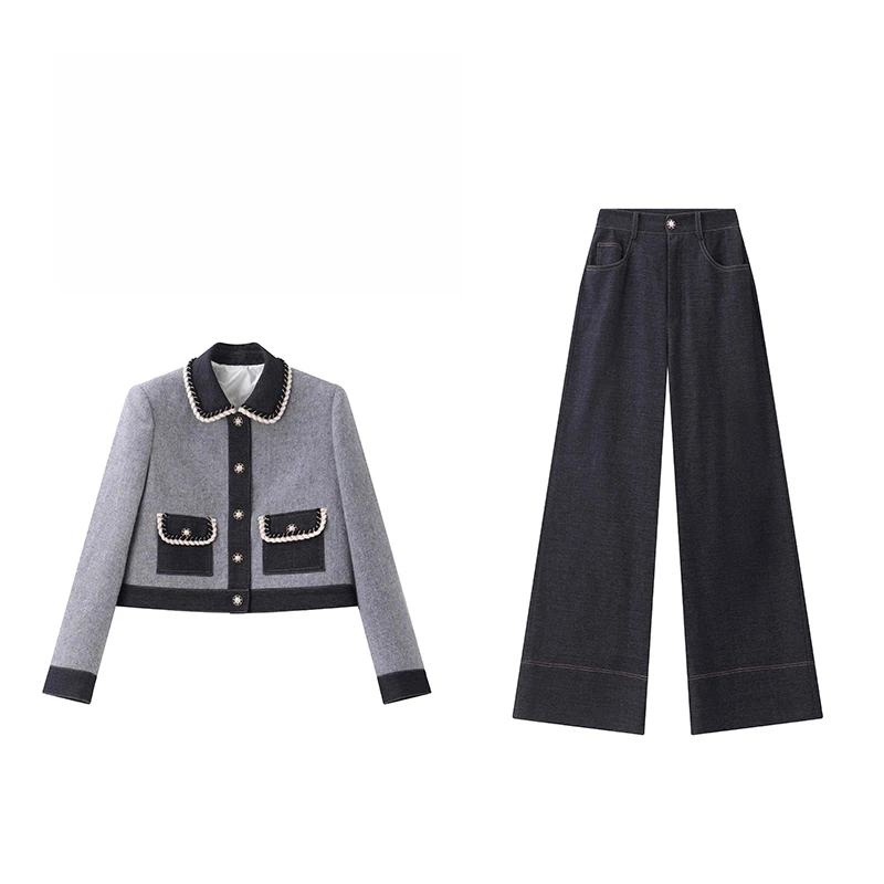 1416小个子小香风套装女新款秋冬拼色短外套长裤两件套