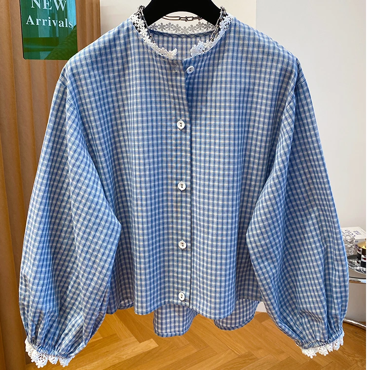 蓝色小格子衬衫女2025春季新款宽松短款洋气减龄小清新灯笼袖上衣