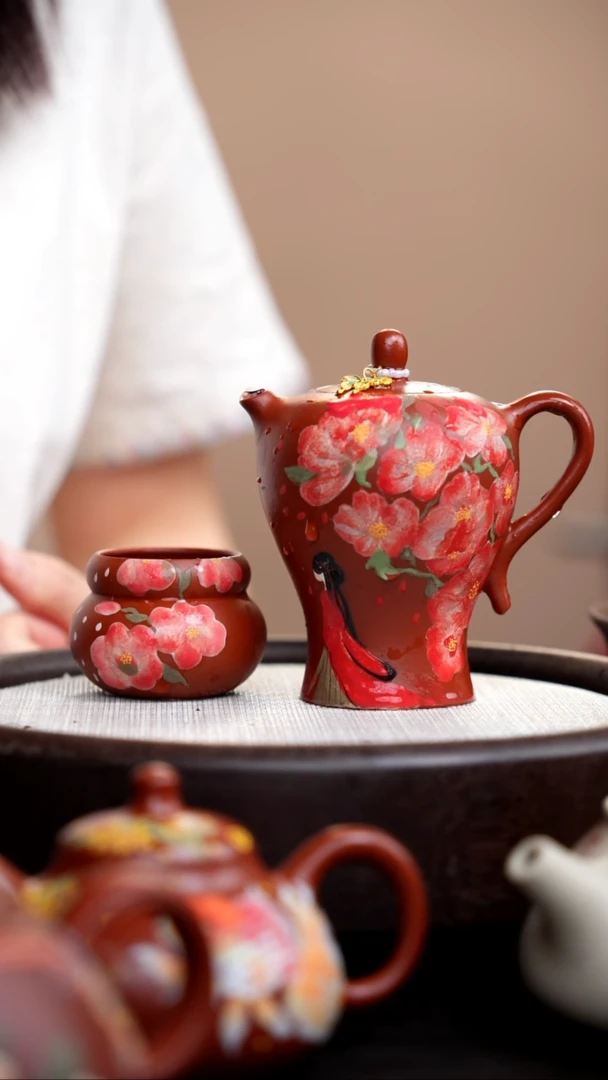 茶壶紫砂玮*朱泥小蛮腰泥绘彩霞仙子+杯