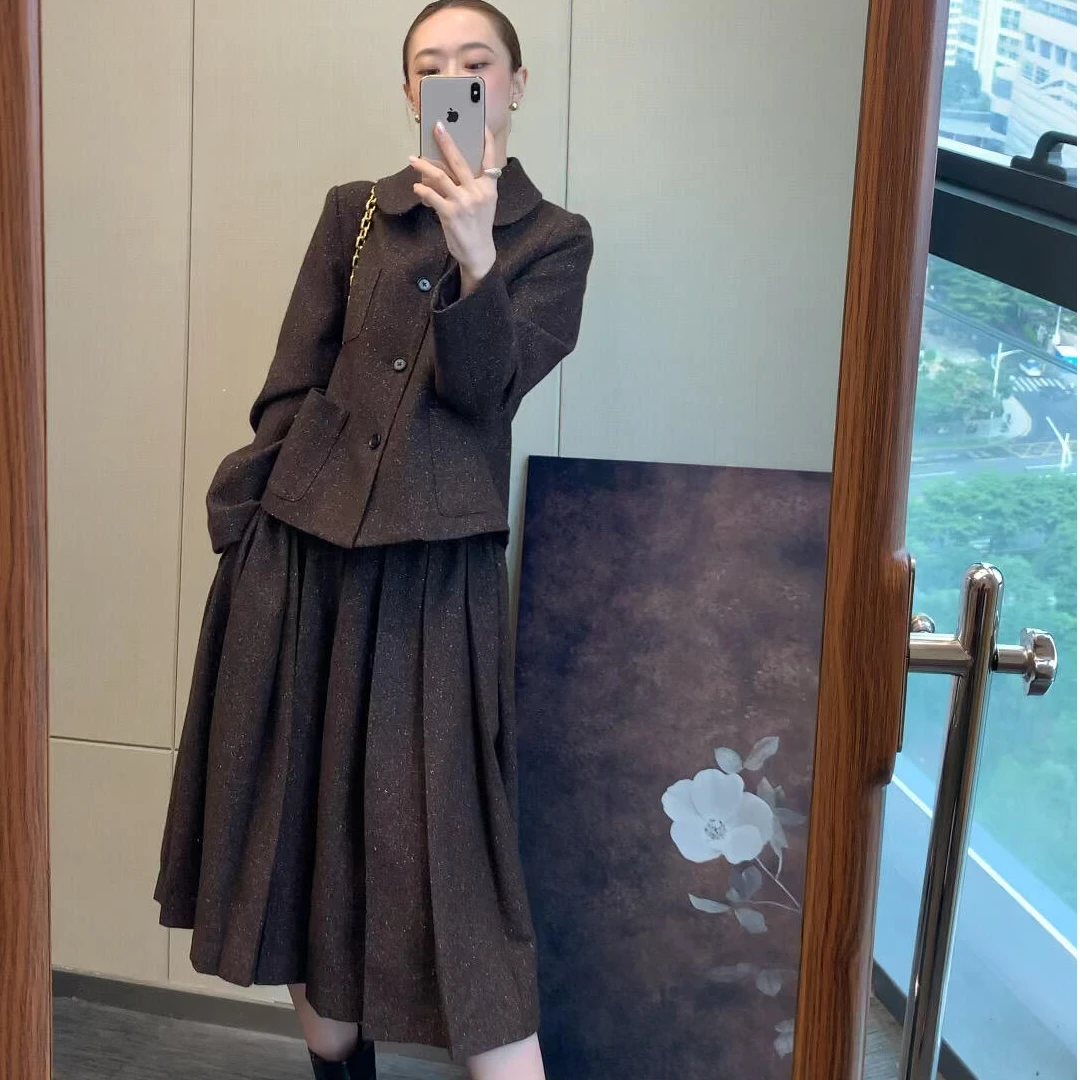 2025秋季韩系学院风美拉德小众复古咖色宽松长袖外套半身裙两件套