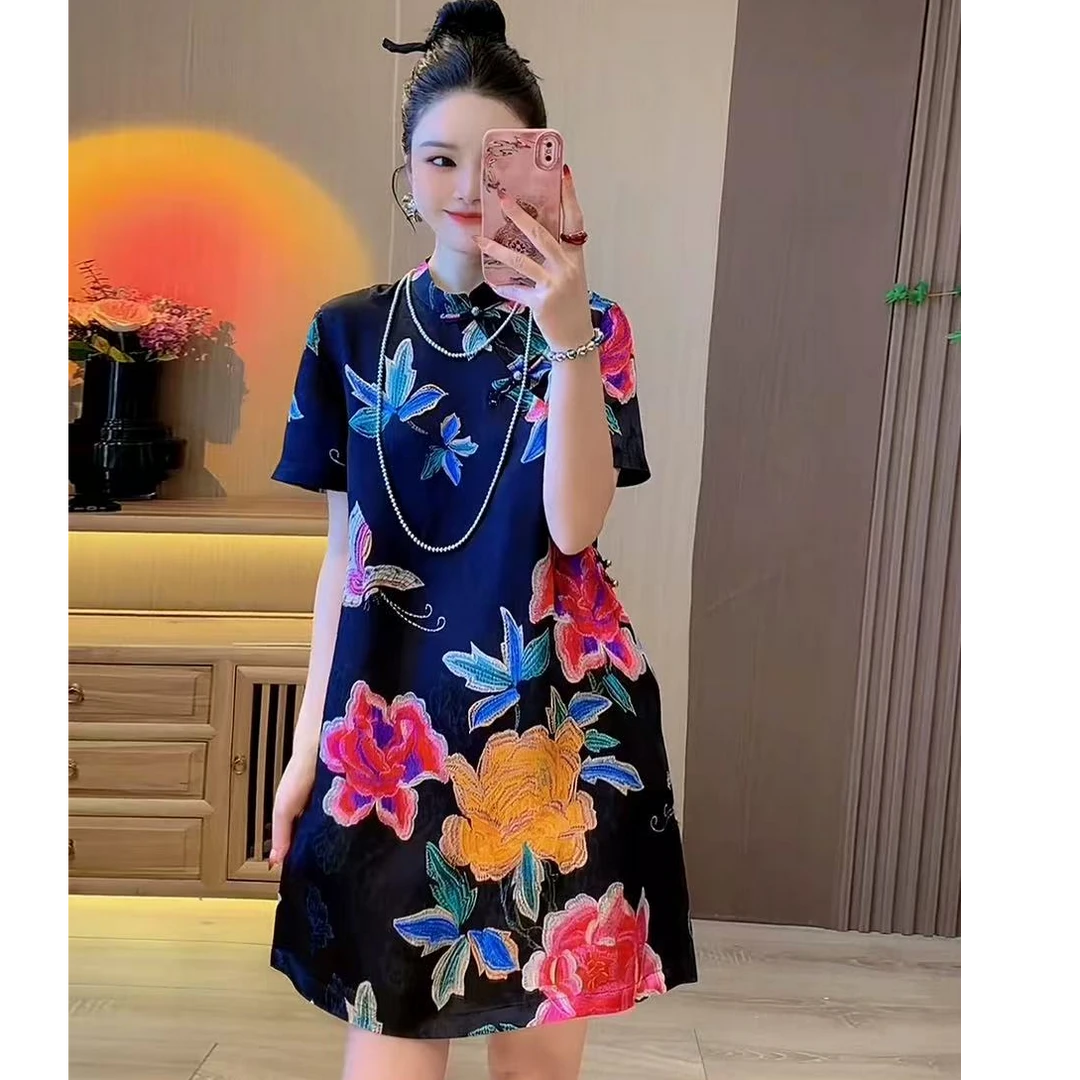 新中式高级感夏季提花时尚气质复古显瘦时尚洋气改良款连衣裙