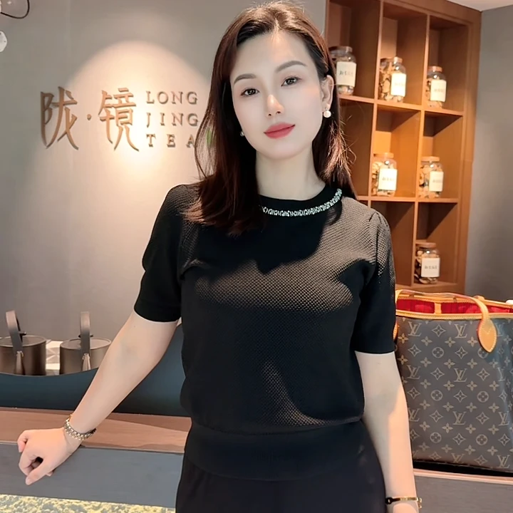 【幸运珠黑】女款圆领泡袖英伦风毛针织衫套头女装港风夏季修身时尚