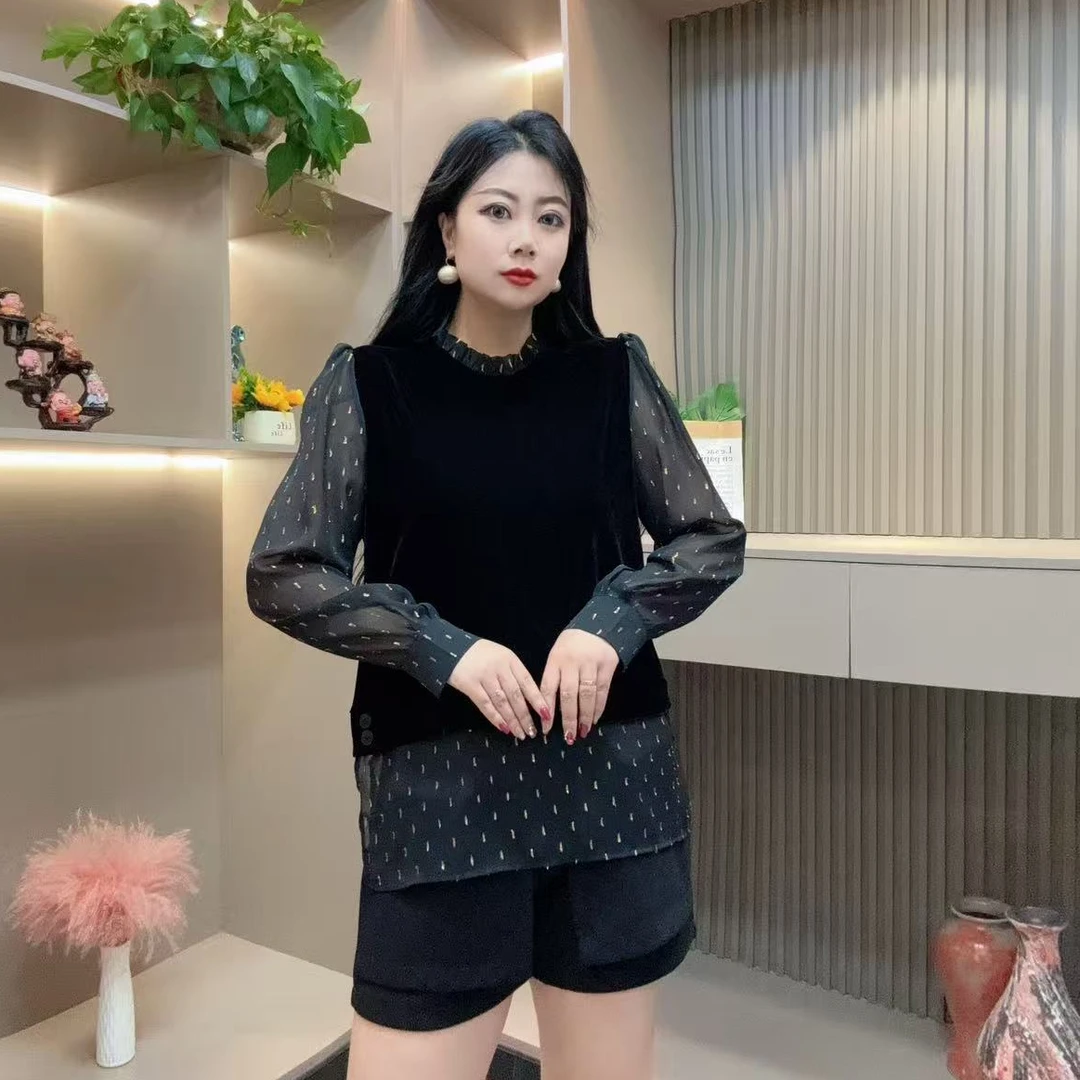秋季上衣-慧 9981秋季大码宽松显瘦拼接微透袖花边领时尚百搭上衣