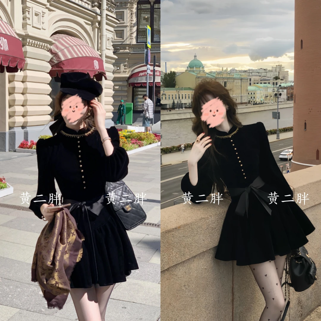 复古黑色丝绒连衣裙女秋冬新款法式赫本风气质千金收腰显瘦小黑裙