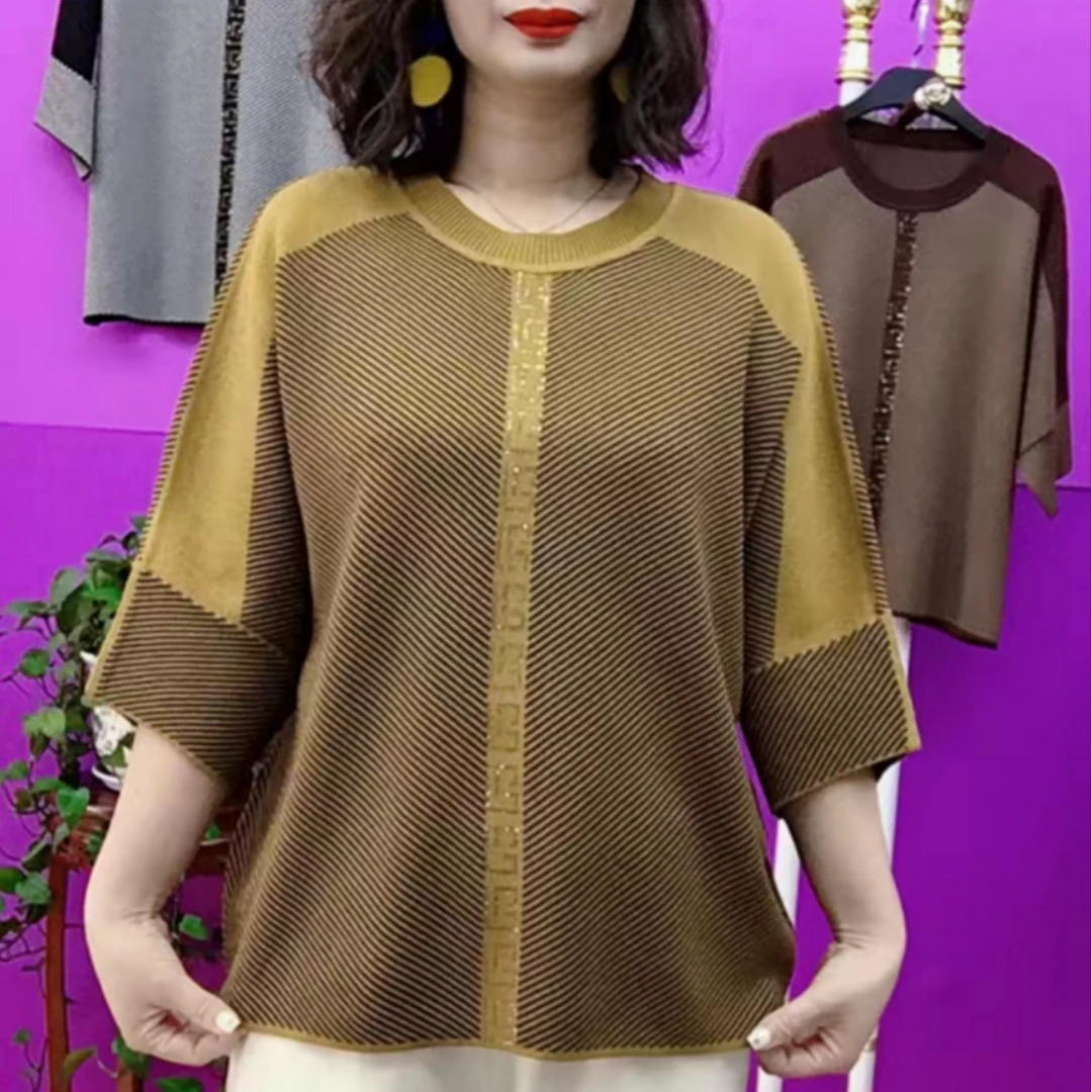 春款针织衫2025新款宽松休闲毛衣百搭条纹镶钻弹力显瘦中年妈妈装