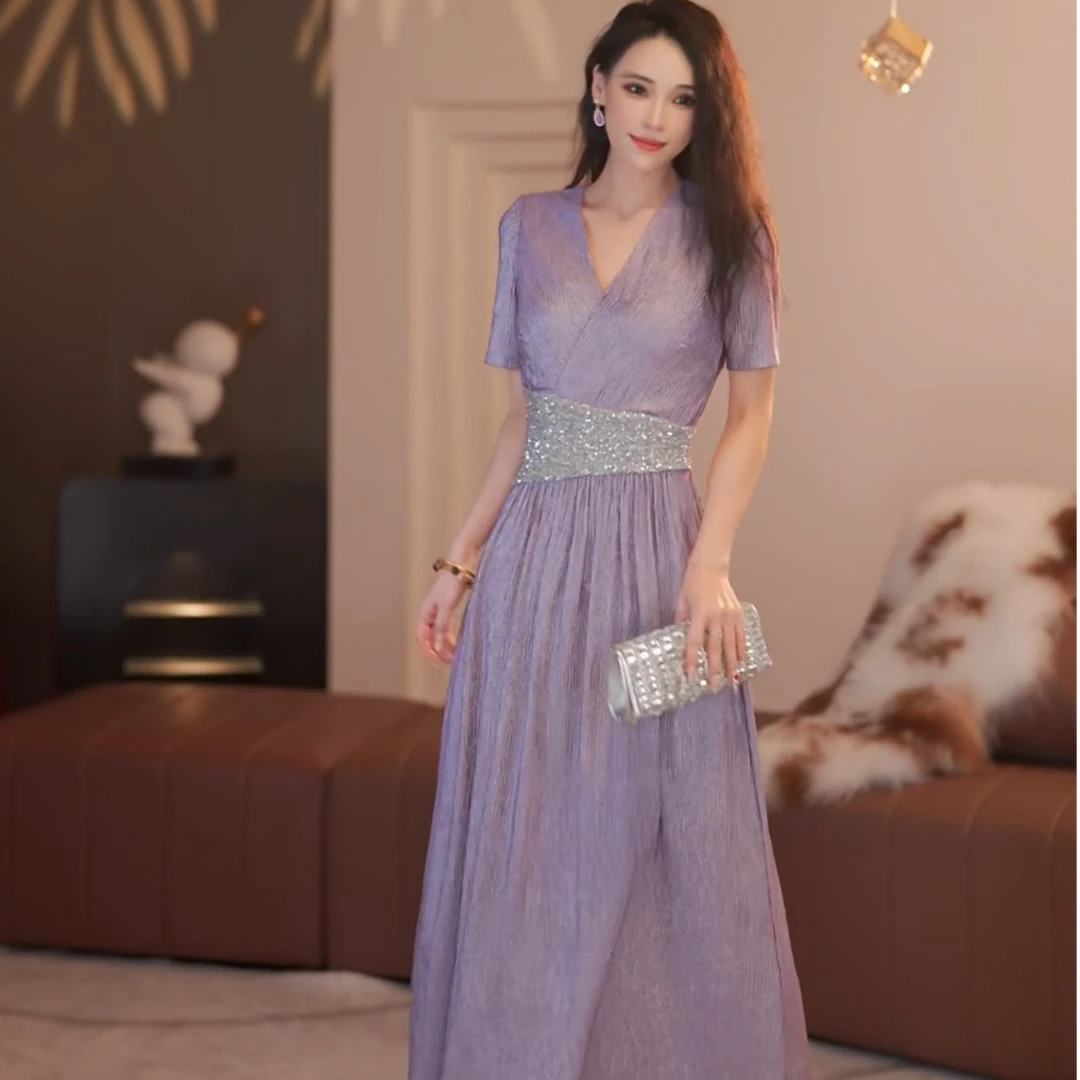 【静铉】紫藤花开春夏新款高级法式气质显瘦A摆连衣裙-YL50123