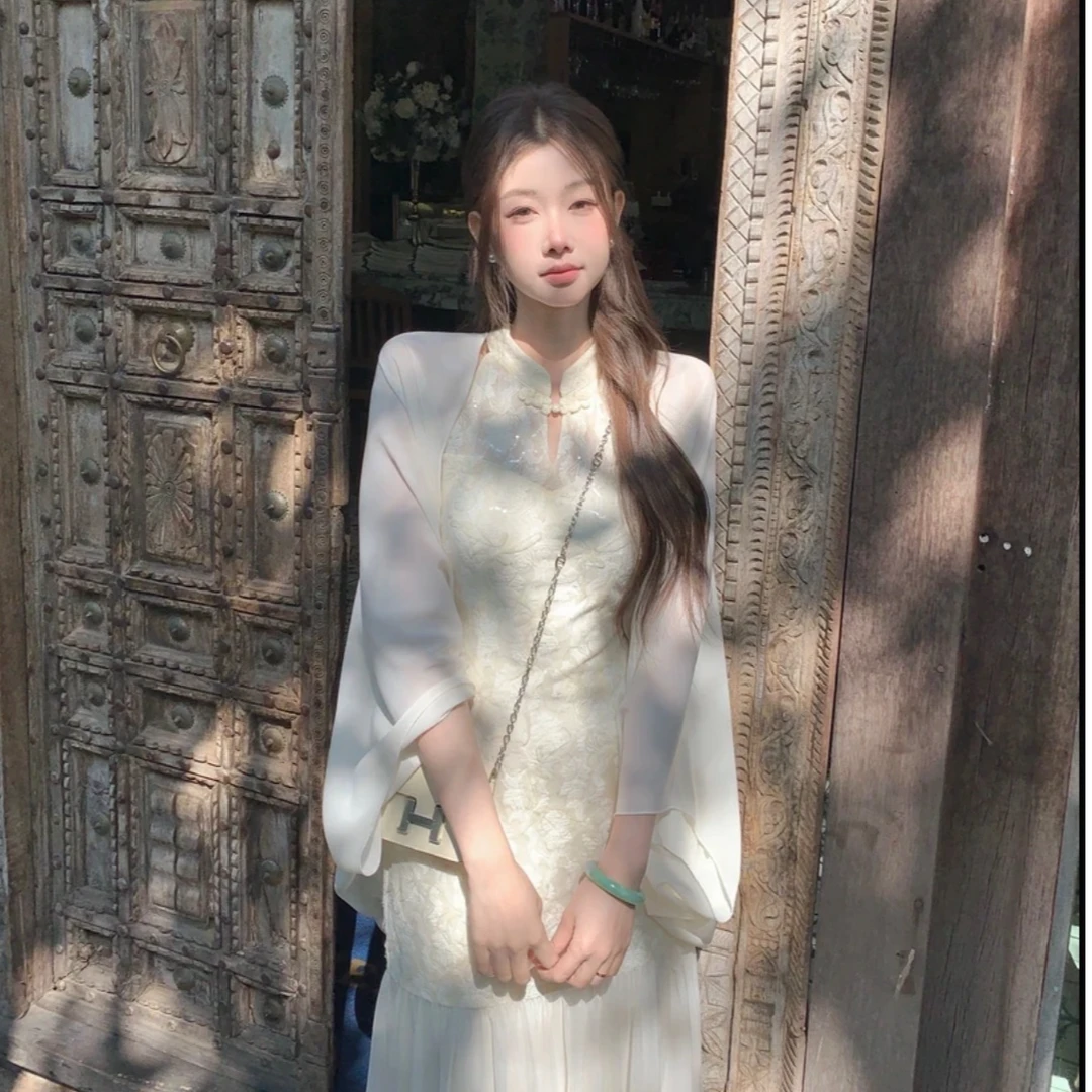 新中式国风流仙裙温柔气质披肩白月光连衣裙显瘦鱼尾摆套组