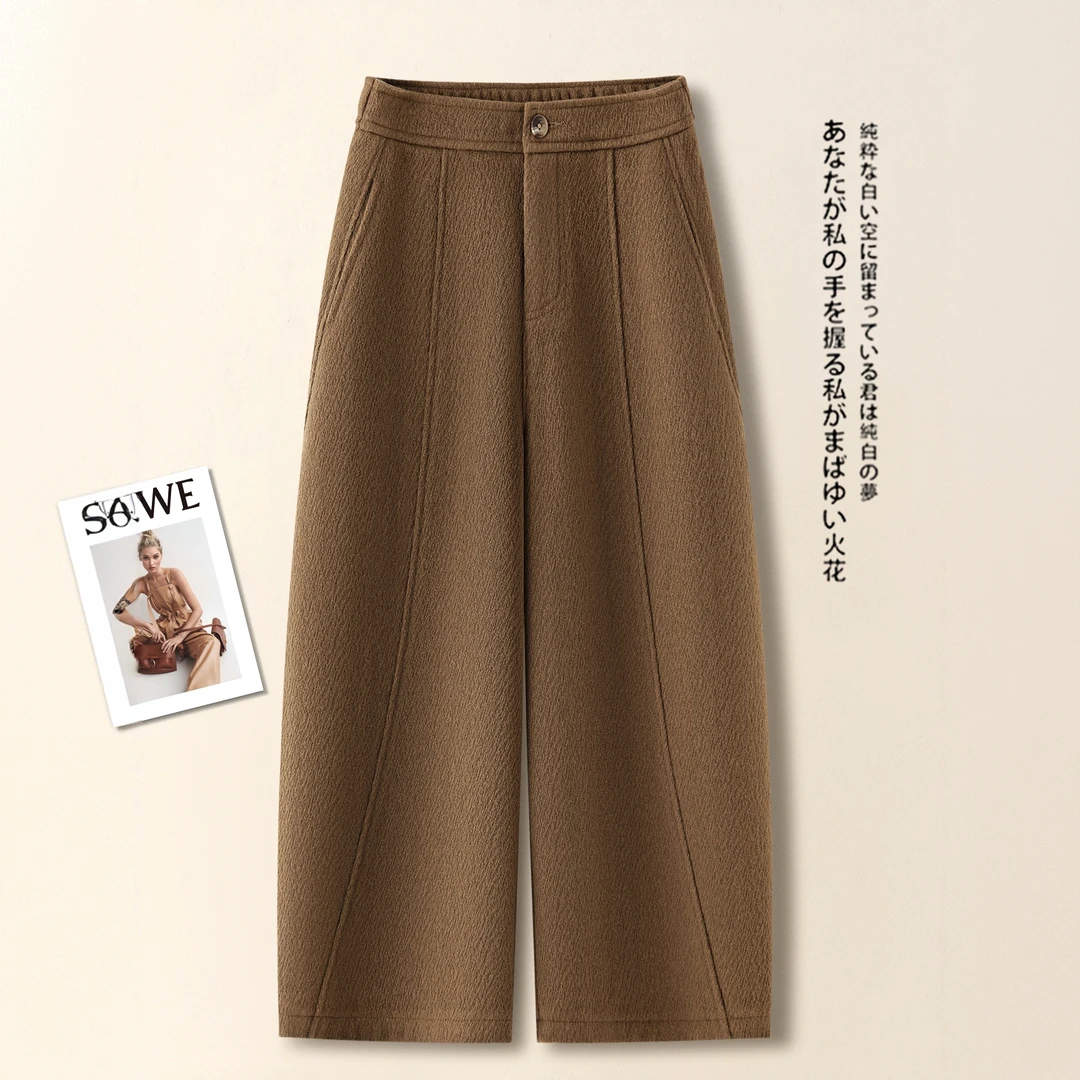 灰色毛呢阔腿弯刀裤女秋冬2025新款宽松加厚八分哈伦裤九分直筒裤