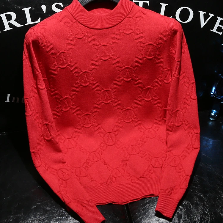 洛尼提日亚红色毛衣秋冬新款修身提花半高领羊毛衫男士打底针织衫