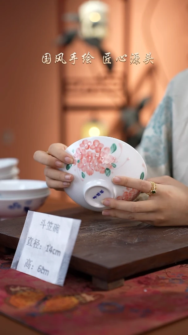 陶瓷景德镇高温釉中彩斗笠碗直径14高6