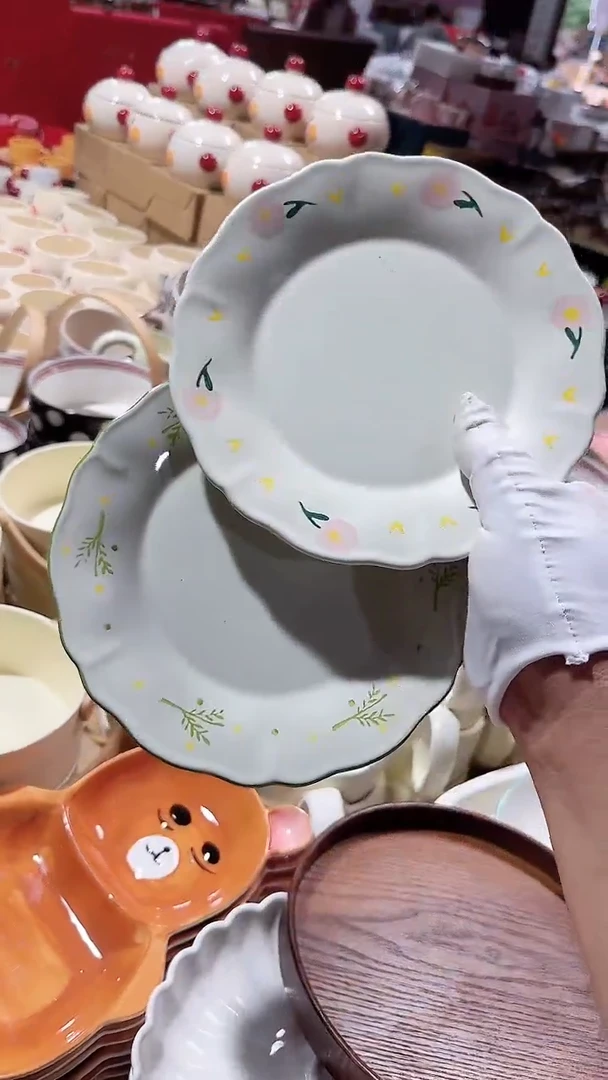 碗2个7英寸盘绿色和粉花 微瑕