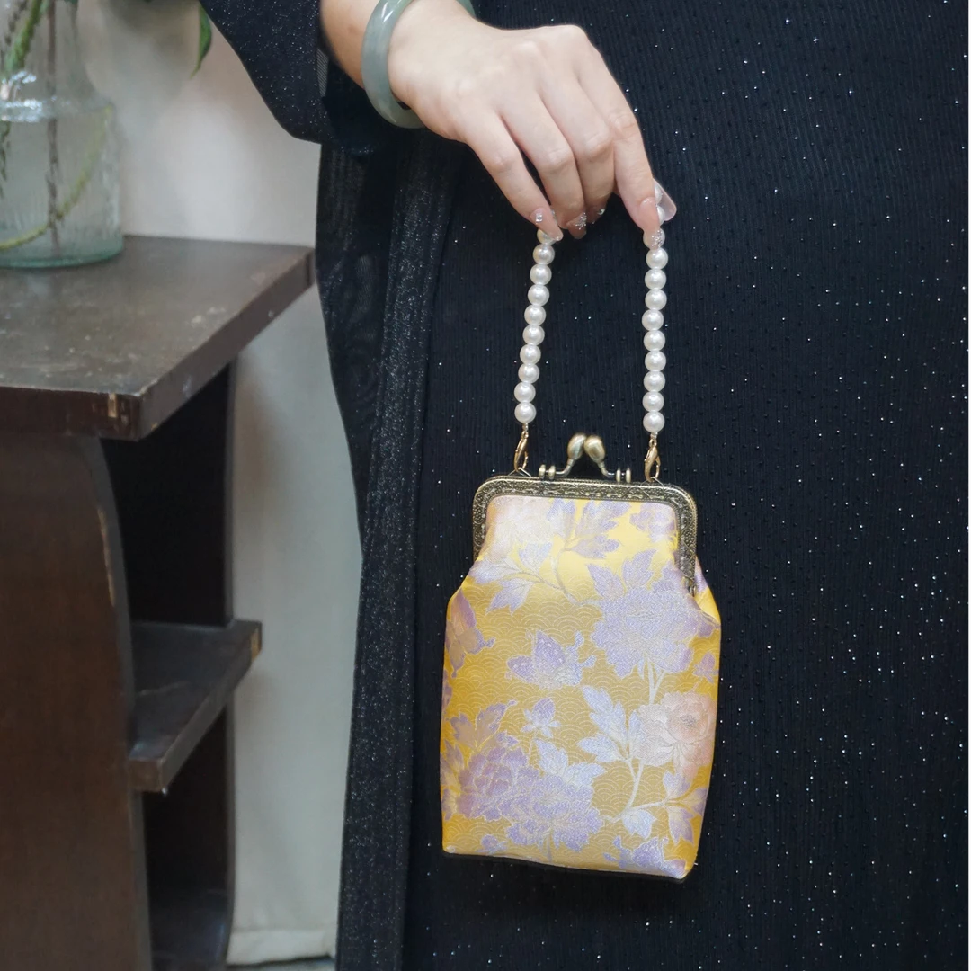 三马宋锦蝶舞牡丹紫金复古新中式珍珠链条手机包斜挎包