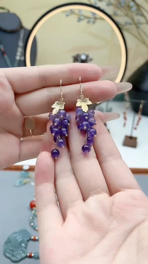 水晶耳饰银S925镶嵌00葡萄紫色