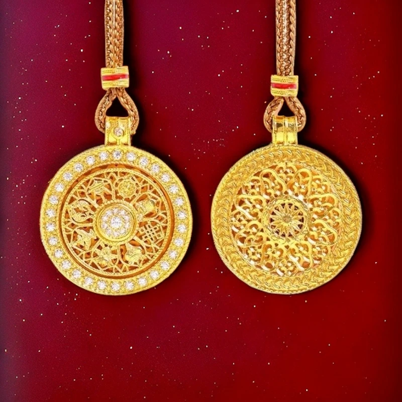 合金吊坠 网红款镶钻八宝罗盘可旋转吊坠圆镂空挂坠金色百搭复古