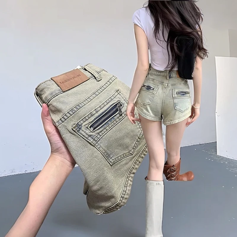 2025夏季新品石磨黄设计感后袋拉链高端面料薄款显瘦牛仔短裤