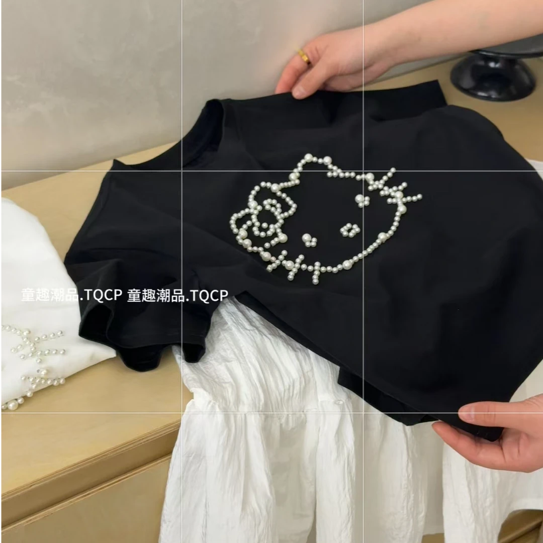 韩版女童装儿童夏季时髦甜美珍珠可爱卡通短袖T恤宝宝上衣