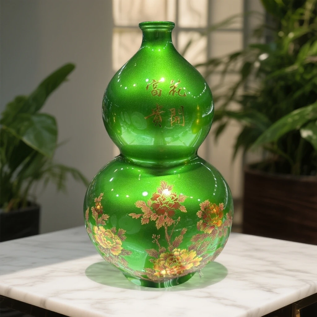 陶瓷绿色花开富贵葫芦瓶 N018