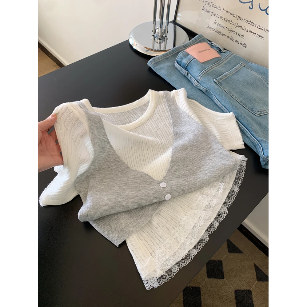 韩系针织衫短袖t恤打底衫叠穿吊带背心内搭洋气衣服女款春装上衣