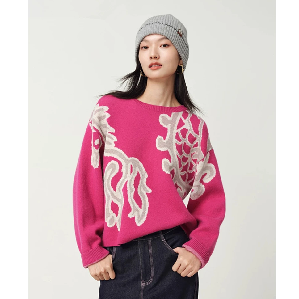 1096新年限定系列提花针织衫毛衣女2024冬季玫红色针织上衣服