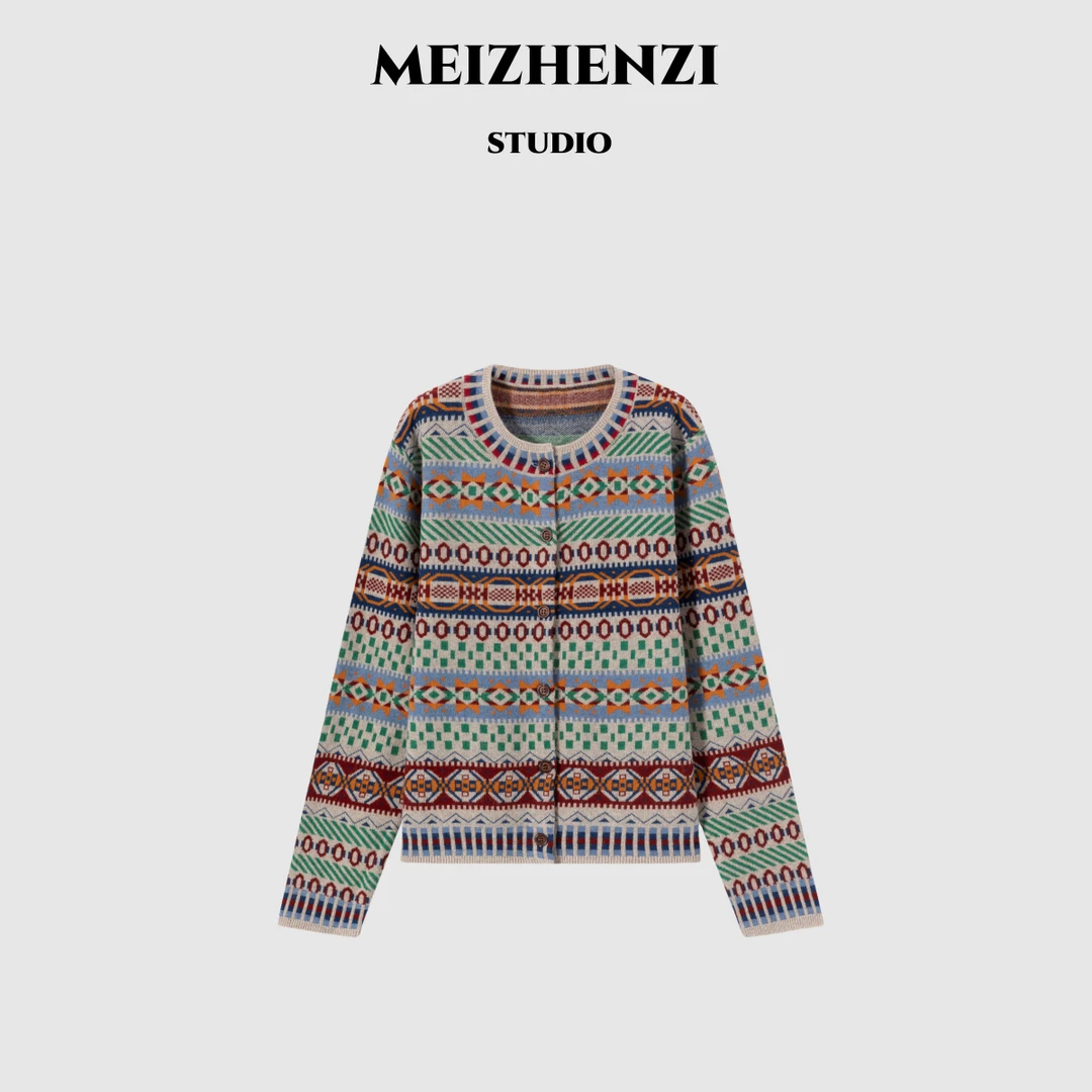 MEIZHENZI【超细绵羊毛】秋冬复古民族风提花针织开衫女毛衣外套