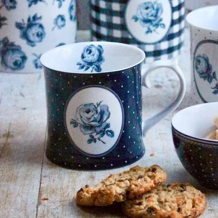 【KA家】400ML 海军蓝波点玫瑰马克杯 复古靛蓝 VINTAGE INDIGO