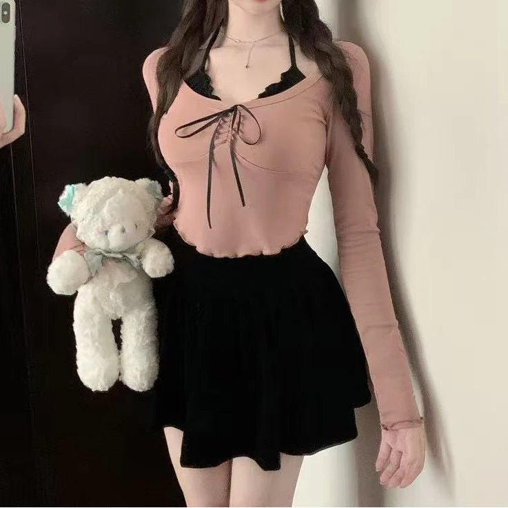 纯欲辣妹长袖挂脖t恤女秋季设计感拼接修身假两件内搭短款上衣